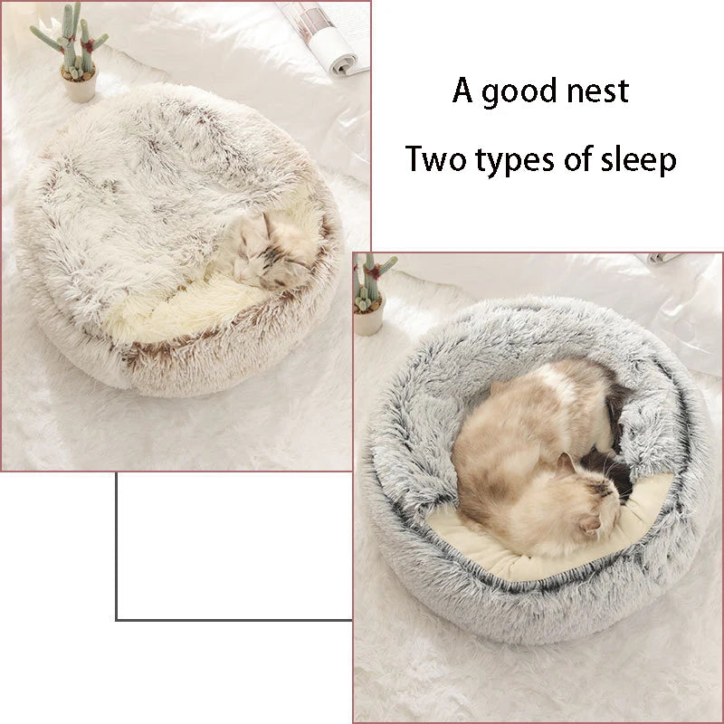 Round Plush Pet Cave Bed - Soft Covered Nest for Cats & Small Dogs