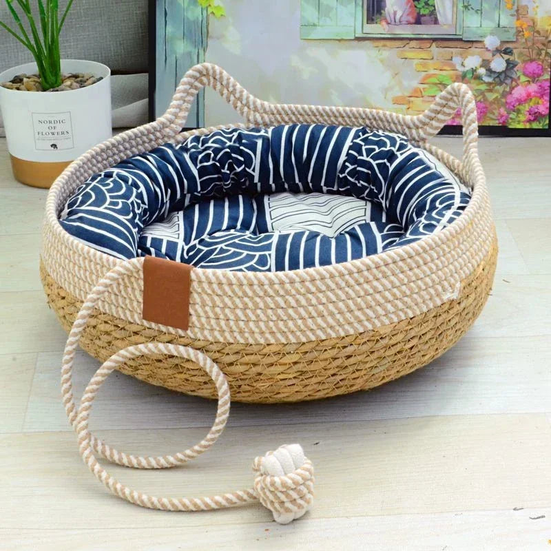 Woven Summer Cat Bed - Breathable Rattan Sleeping House for Indoor Cats
