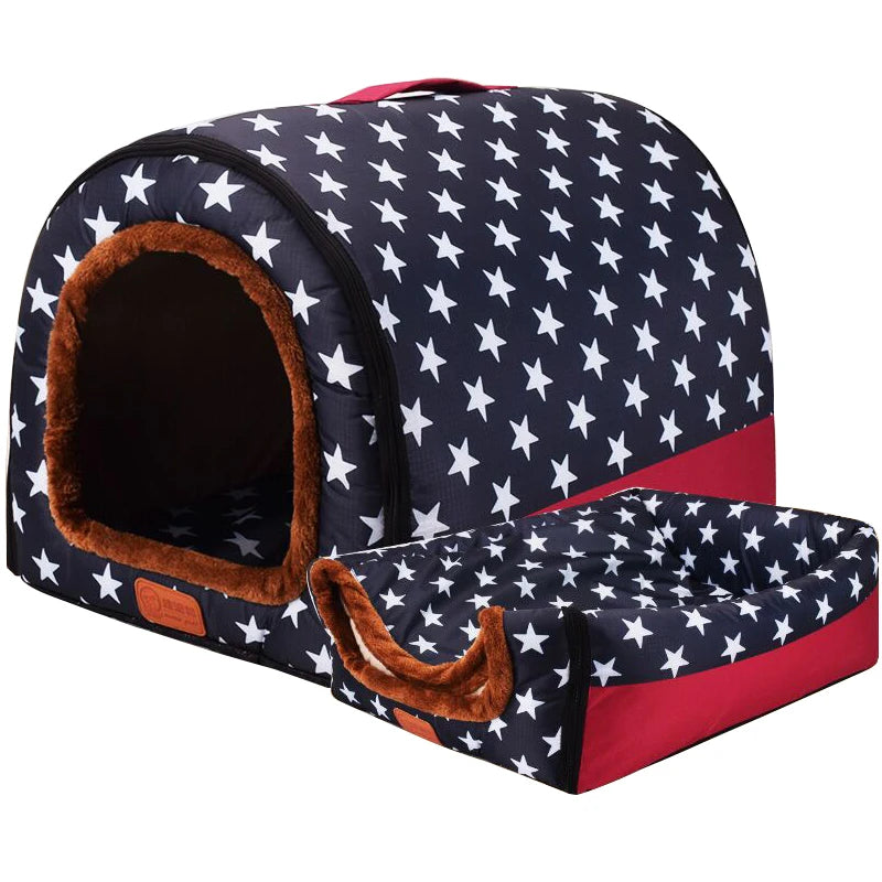Star Print Pet House Bed - Foldable Warm Kennel for Dogs & Cats
