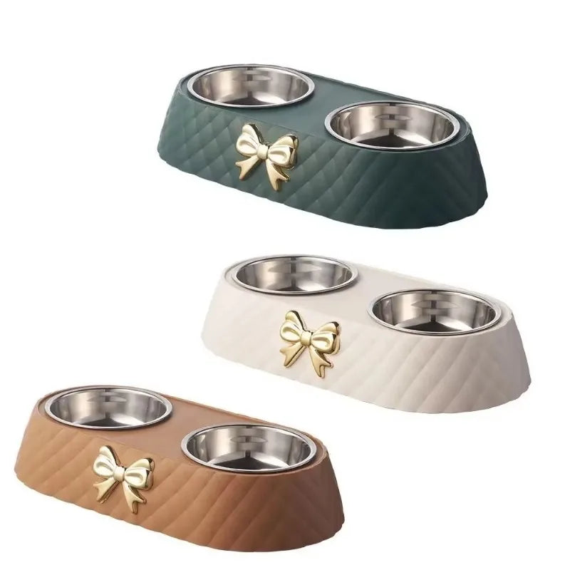 Bowtie Double Pet Bowl Set - Food and Water Feeder for Cats & Dogs