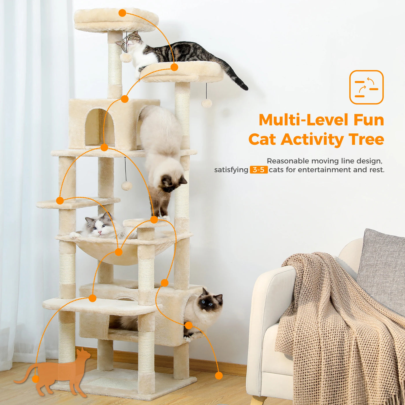 Large Cat Tree Tower - Sisal Scratching Condo for Indoor Cats