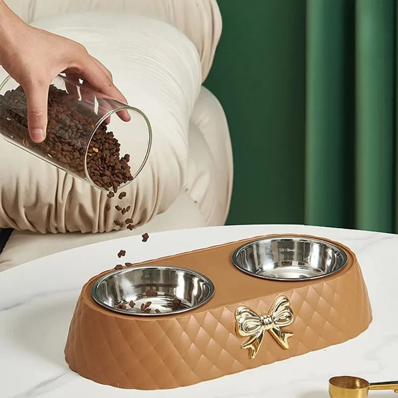 Bowtie Double Pet Bowl Set - Food and Water Feeder for Cats & Dogs