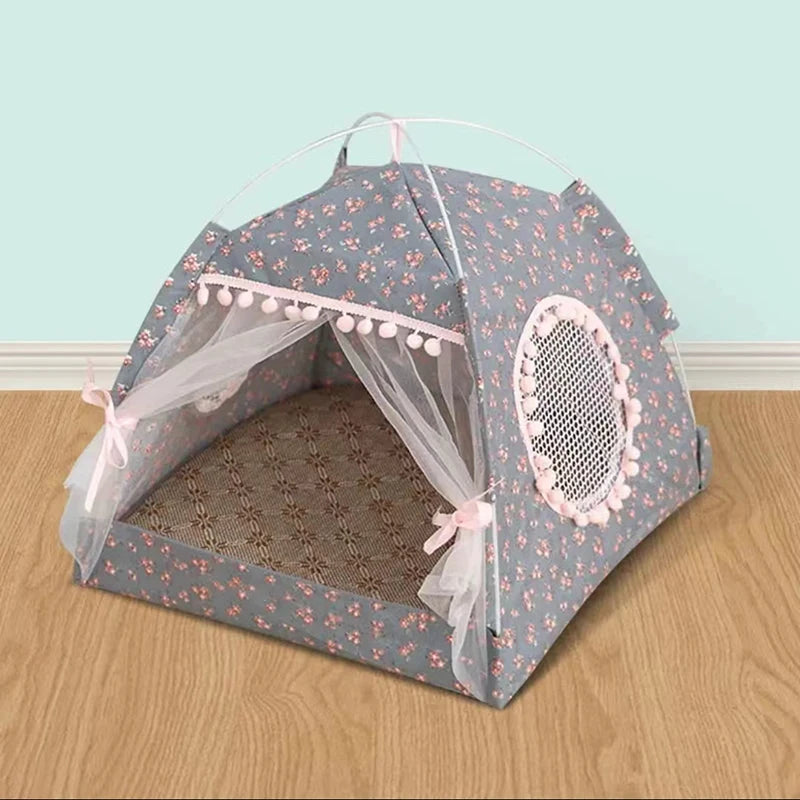 Floral Tent Pet Bed - Semi-Enclosed All-Season Nest for Cats & Small Dogs