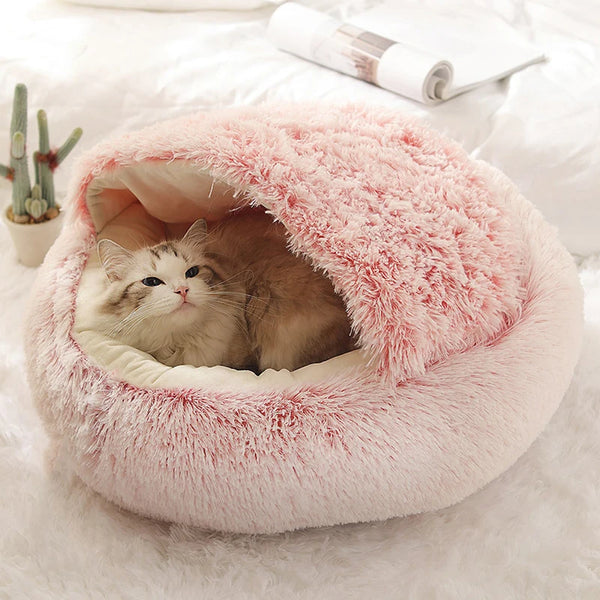 Round Plush Pet Cave Bed - Soft Covered Nest for Cats & Small Dogs