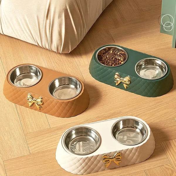 Bowtie Double Pet Bowl Set - Food and Water Feeder for Cats & Dogs