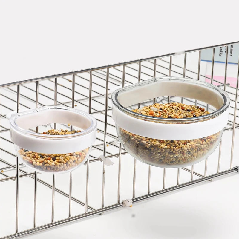 Detachable Transparent Bird Feeding Bowl - Hanging Cup for Parrots and Finches
