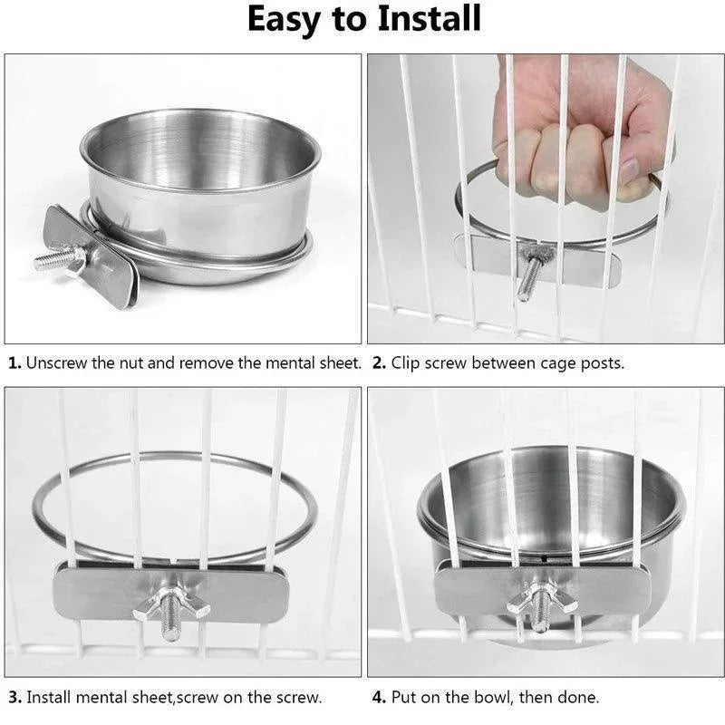 Stainless Steel Bird Feeder Cup - Clamp-On Food and Water Bowl for Cages