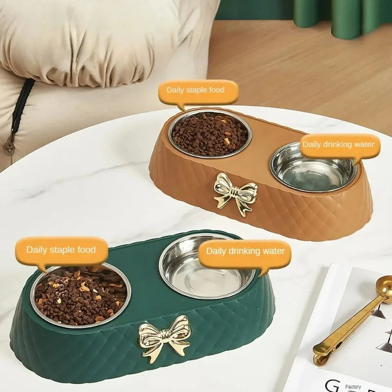 Bowtie Double Pet Bowl Set - Food and Water Feeder for Cats & Dogs