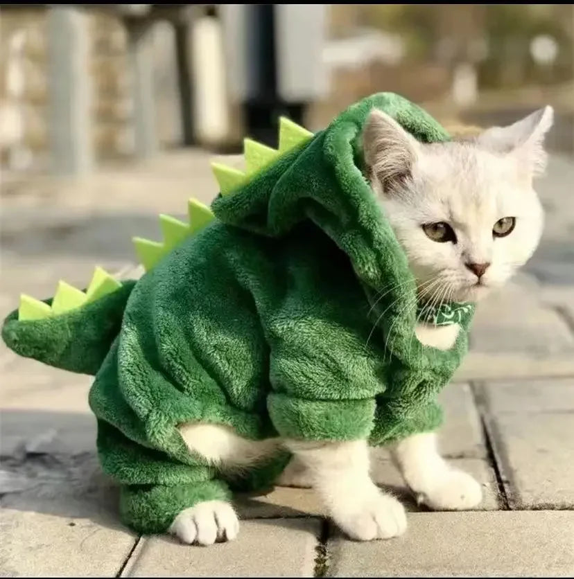 Dinosaur Pet Hoodie Costume - Warm Fleece Outfit for Small Dogs & Cats