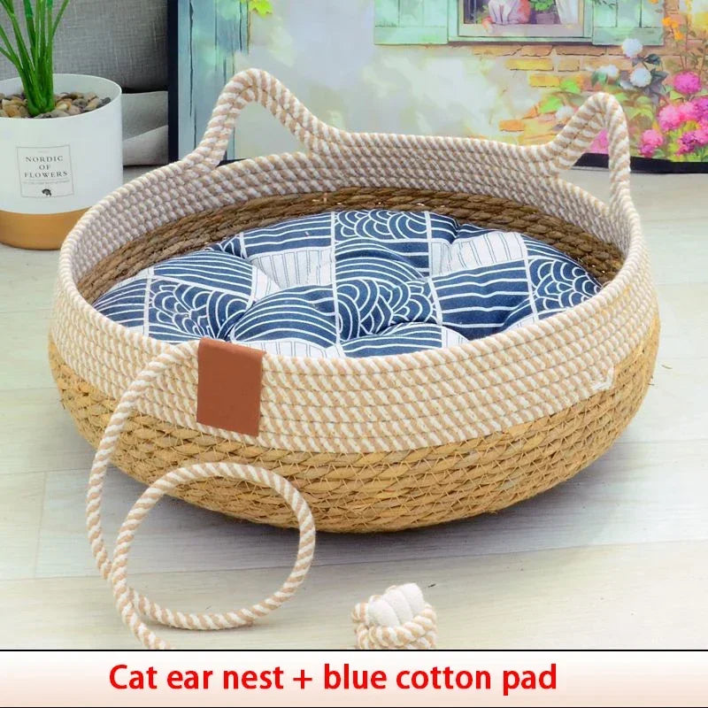 Woven Summer Cat Bed - Breathable Rattan Sleeping House for Indoor Cats