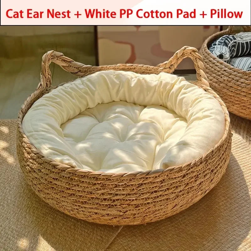 Woven Summer Cat Bed - Breathable Rattan Sleeping House for Indoor Cats