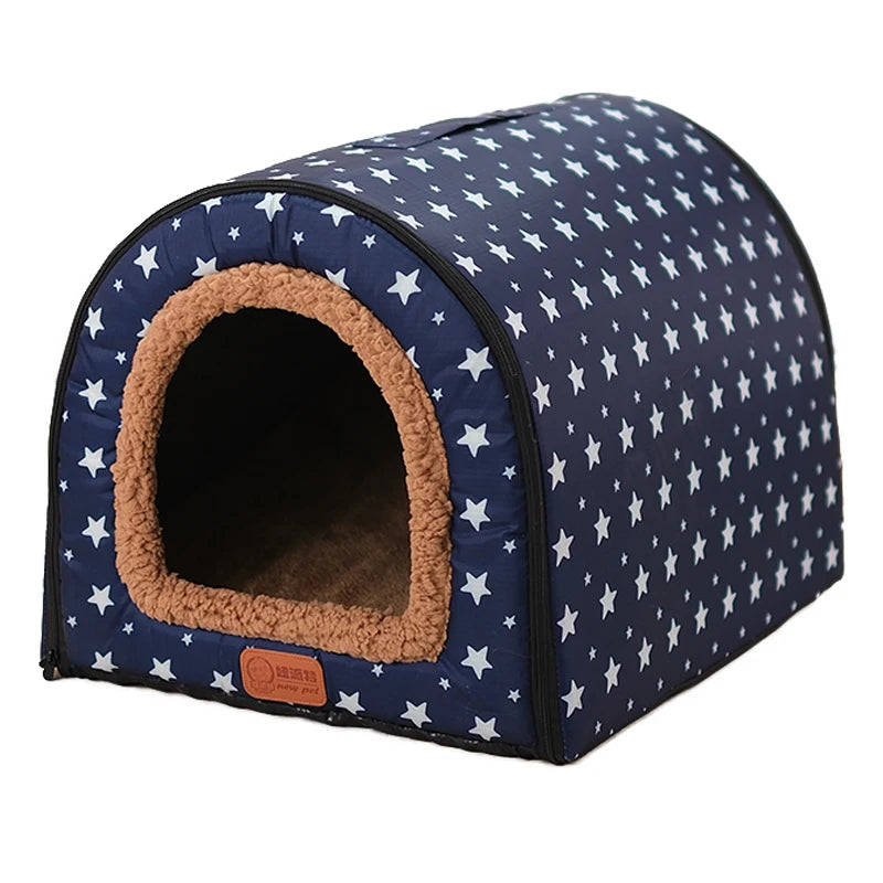 Star Print Pet House Bed - Foldable Warm Kennel for Dogs & Cats
