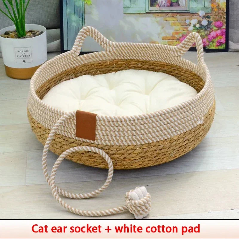 Woven Summer Cat Bed - Breathable Rattan Sleeping House for Indoor Cats