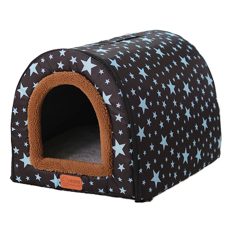 Star Print Pet House Bed - Foldable Warm Kennel for Dogs & Cats