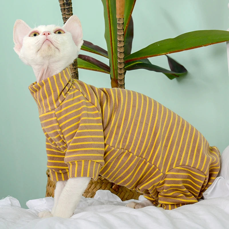 Striped Sphynx Cat Jumpsuit - Soft 4-Legged Loungewear for Hairless Cats