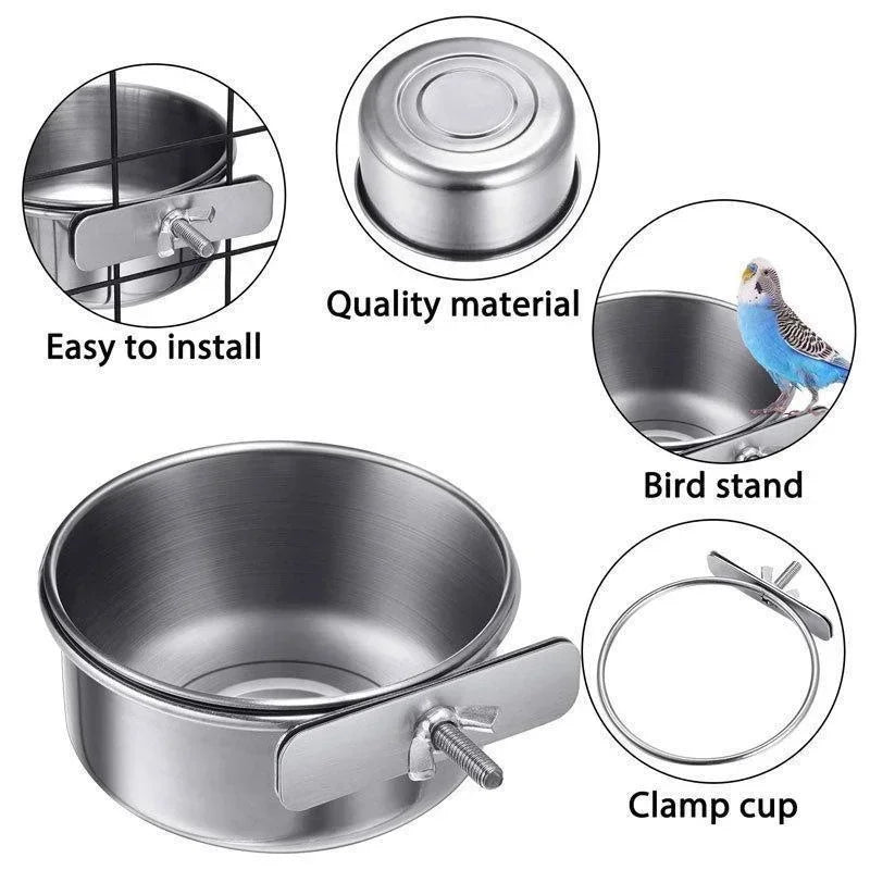 Stainless Steel Bird Feeder Cup - Clamp-On Food and Water Bowl for Cages