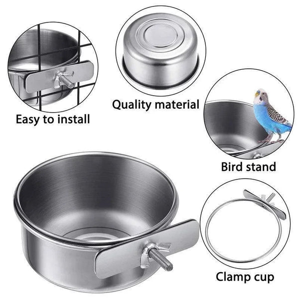 Stainless Steel Bird Feeder Cup - Clamp-On Food and Water Bowl for Cages